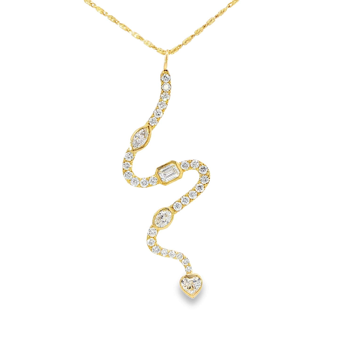 18K Yellow gold snake pendant set with natural mined diamonds of varying shapes. Item J38684 - ABC Jewelry Co. 