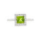 14K White gold ring featuring a square cut peridot with a diamond halo. Item J38754 - ABC Jewelry Co. 