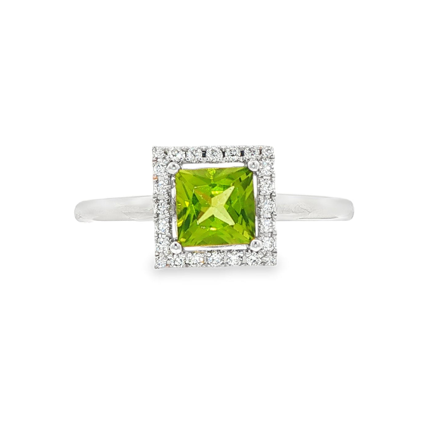 14K White gold ring featuring a square cut peridot with a diamond halo. Item J38754 - ABC Jewelry Co. 