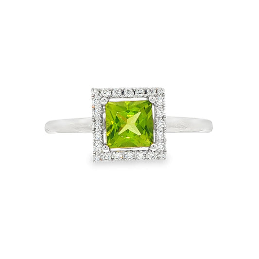 14K White gold ring featuring a square cut peridot with a diamond halo. Item J38754 - ABC Jewelry Co. 