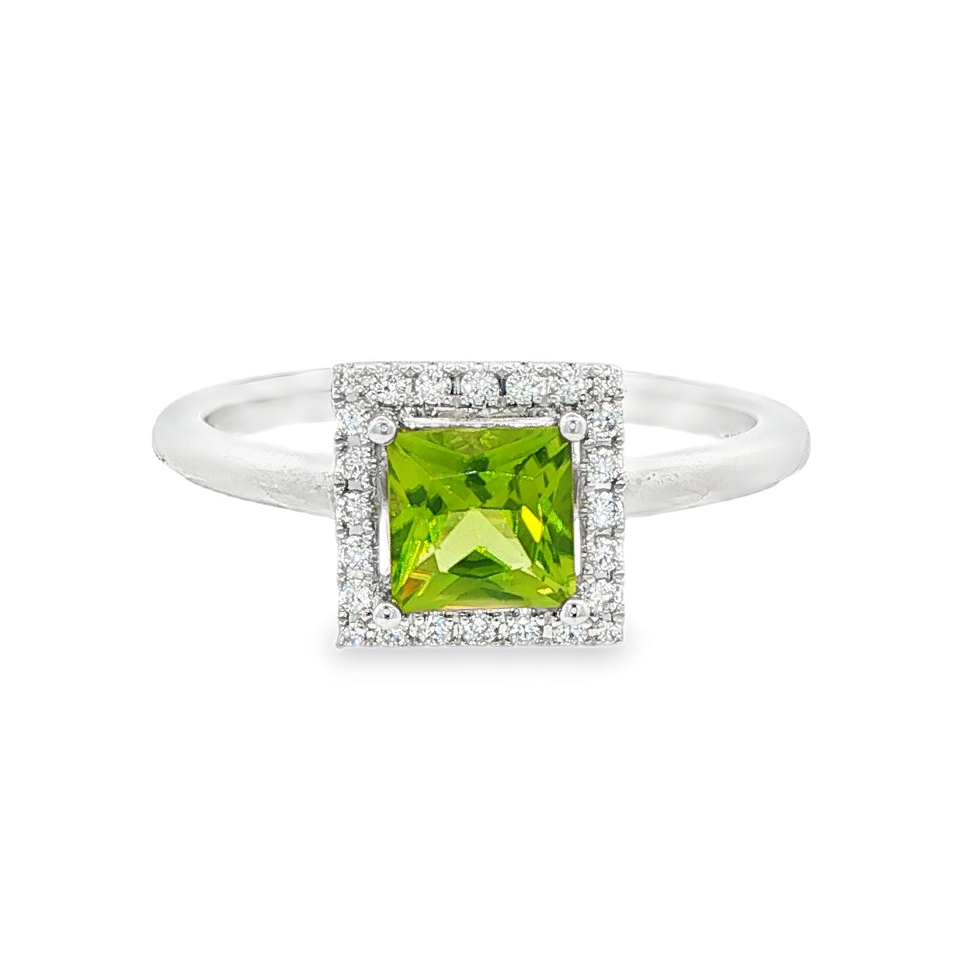 14K White gold ring featuring a square cut peridot with a diamond halo. Item J38754 - ABC Jewelry Co. 