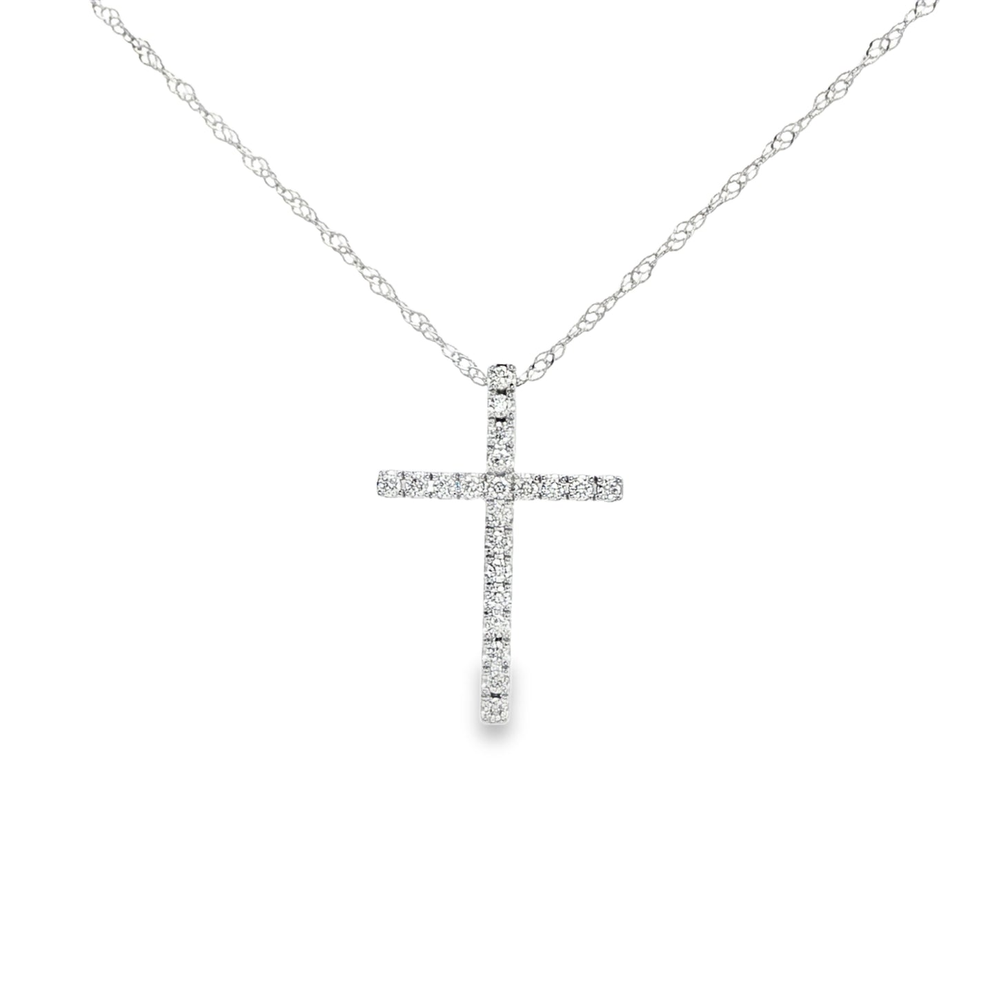 14K White gold cross necklace set with round brilliant diamonds. Item J38759 - ABC Jewelry Co