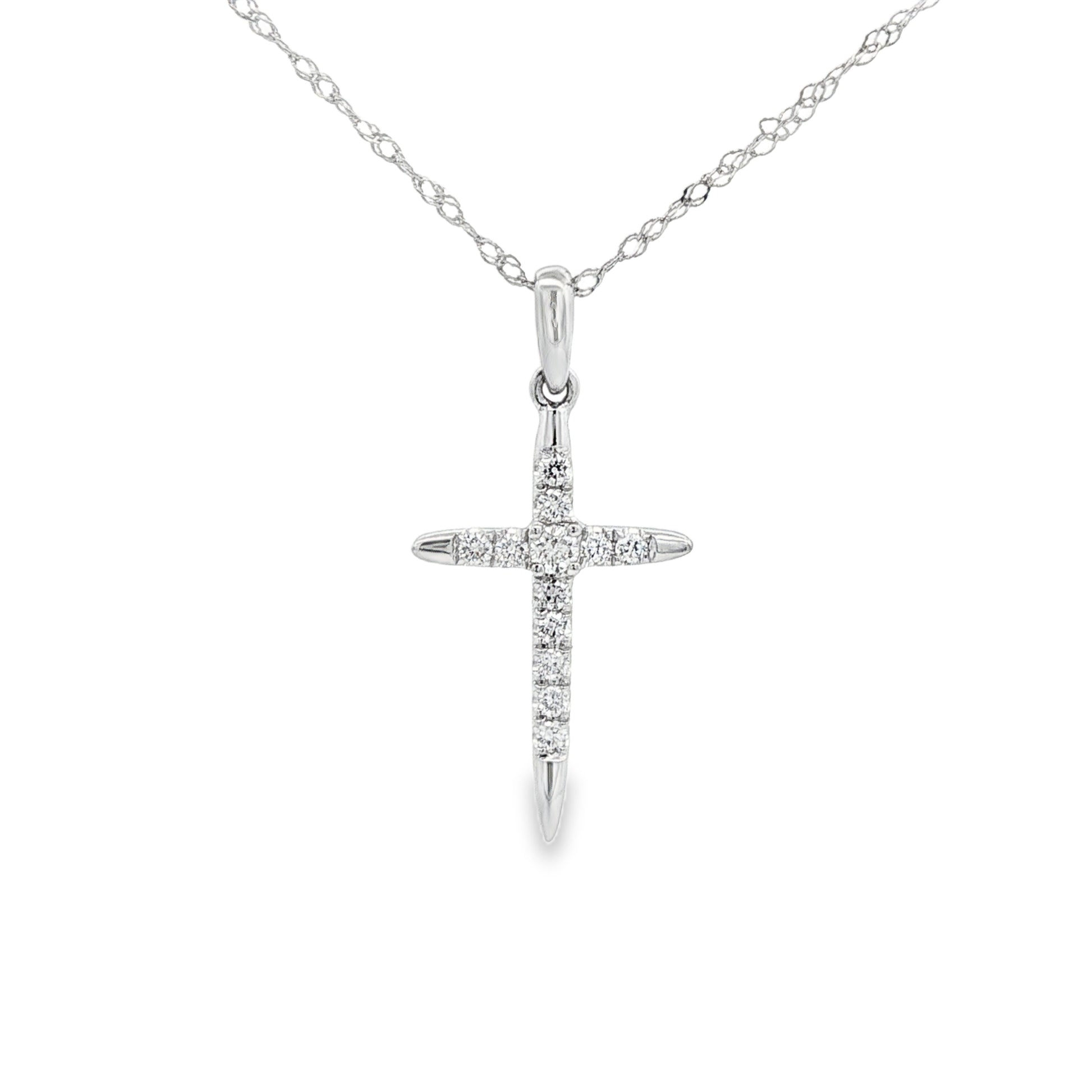 14K White gold cross necklace set with round brilliant diamonds. Item J38764 - ABC Jewelry Co. 