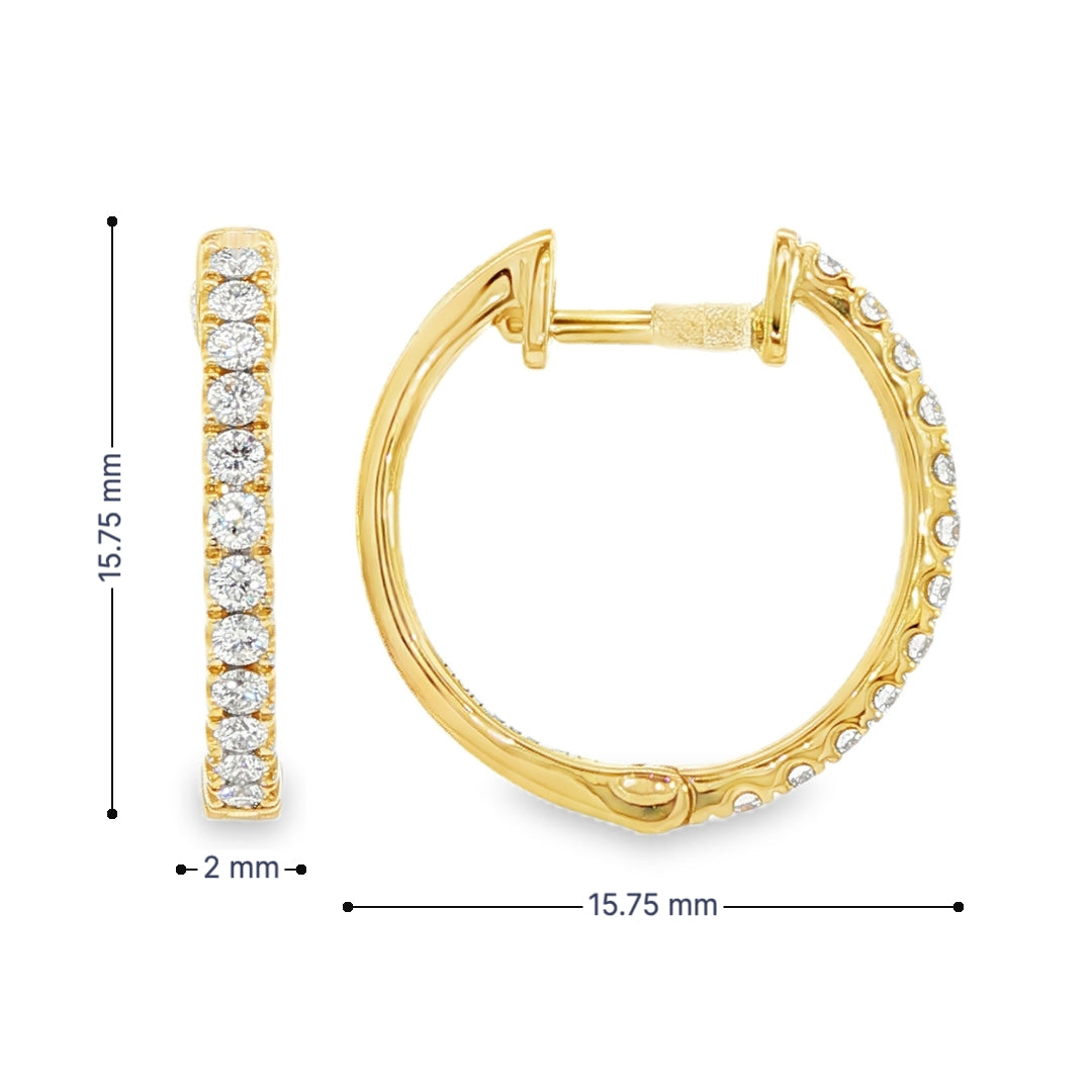 14K Yellow gold hoop earrings set with round brilliant diamonds. Item J38770 - ABC Jewelry Co. 