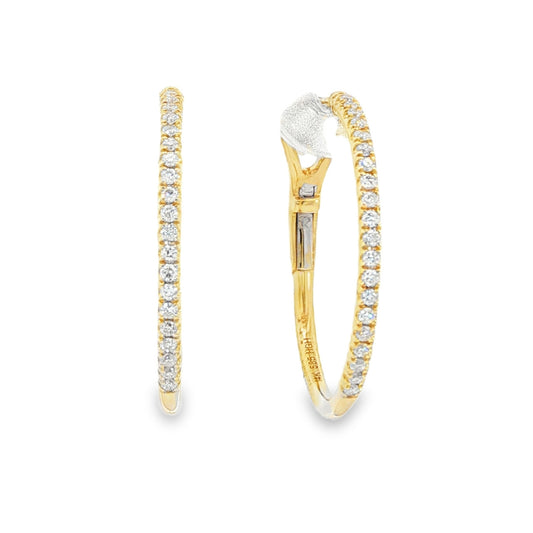 14K Yellow gold hoop earrings set with round brilliant diamonds. Item J38771 - ABC Jewelry Co