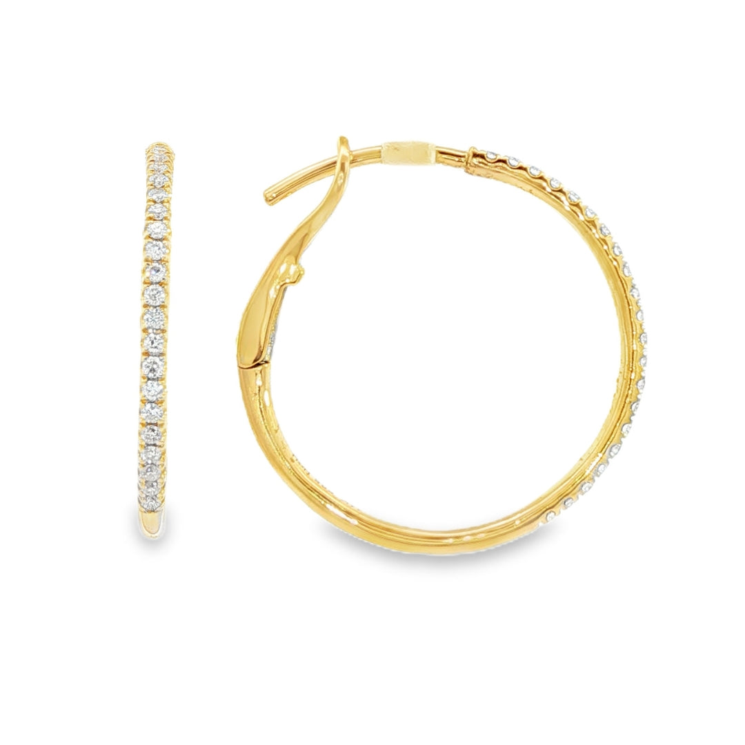 14K Yellow gold hoop earrings set with round brilliant diamonds. Item J38771 - ABC Jewelry Co