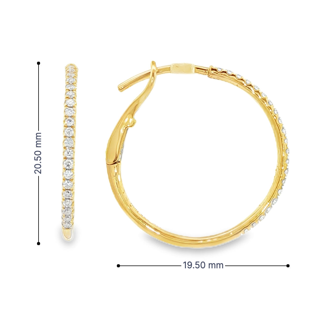 14K Yellow gold hoop earrings set with round brilliant diamonds. Item J38771 - ABC Jewelry Co
