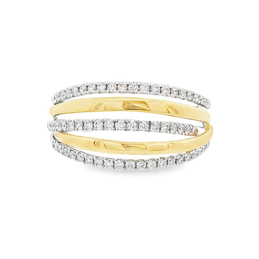 14K Yellow and white gold multi-band fashion ring, with alternating rows set with round brilliant diamonds. Item J38776 - ABC Jewelry Co. 