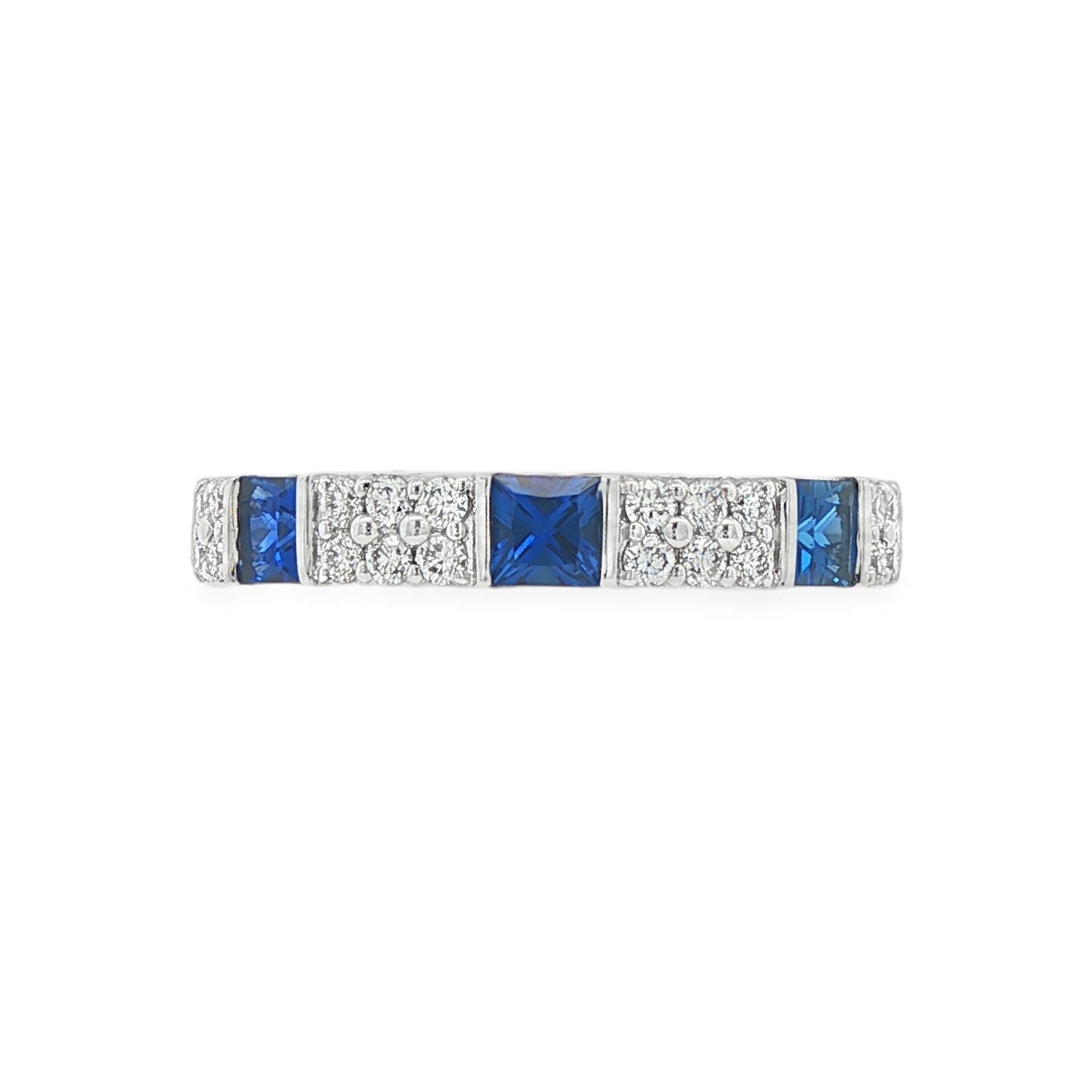 18K White gold band with square cut sapphires and row of round brilliant diamonds. Item J38783 - ABC Jewelry Co. 