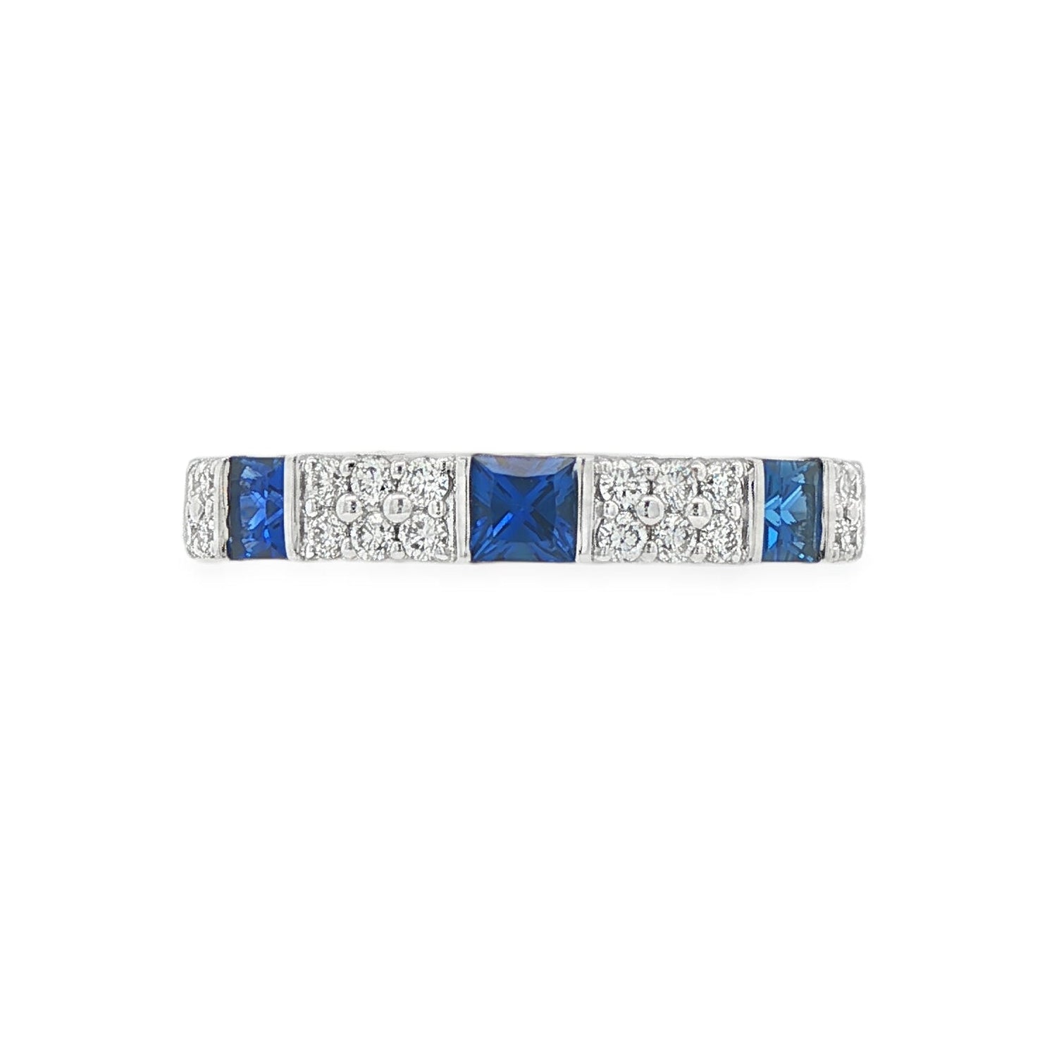 18K White gold band with square cut sapphires and row of round brilliant diamonds. Item J38783 - ABC Jewelry Co. 