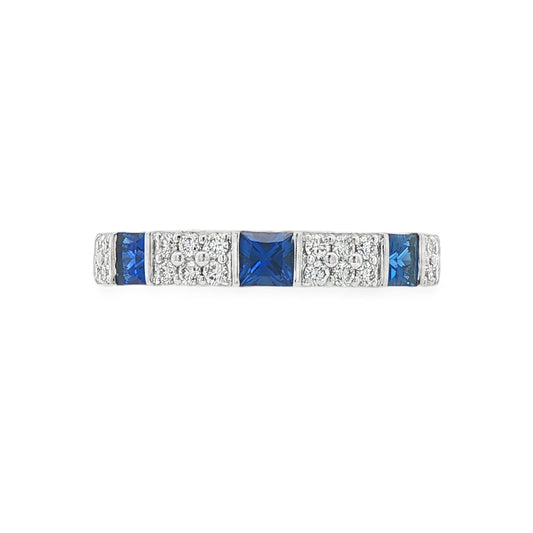18K White gold band with square cut sapphires and row of round brilliant diamonds. Item J38783 - ABC Jewelry Co. 