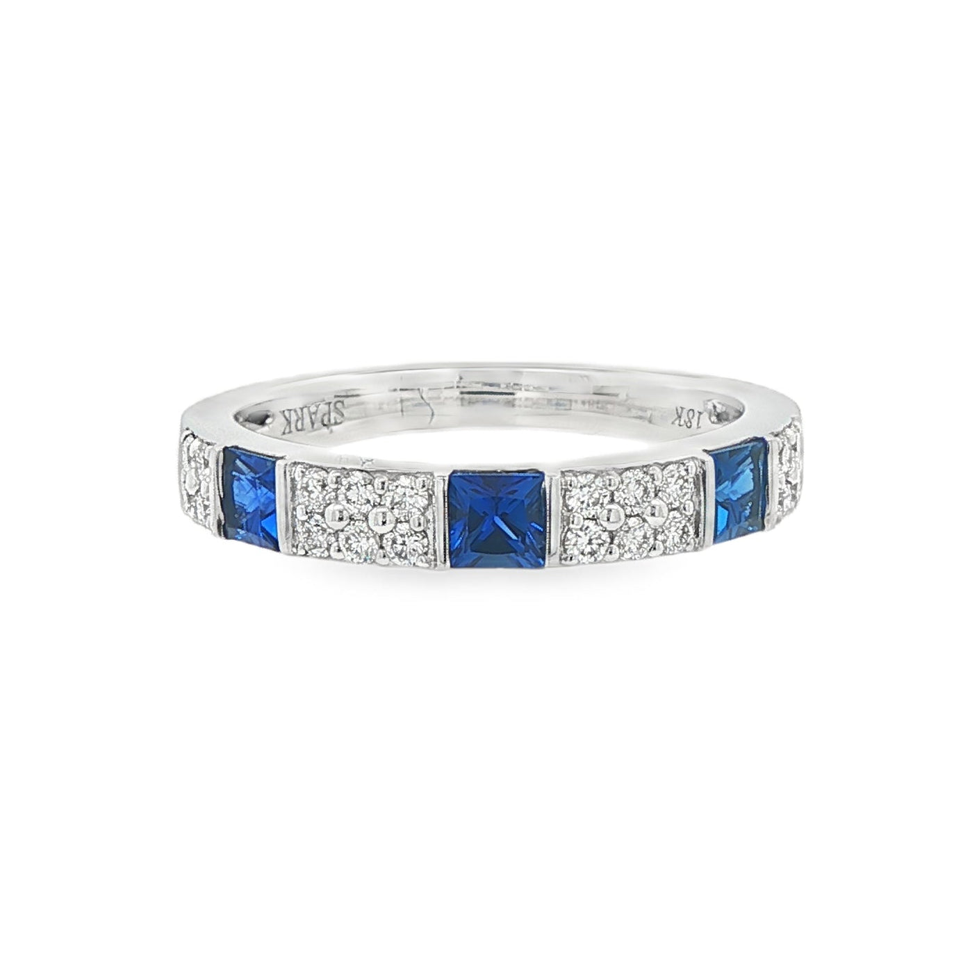 18K White gold band with square cut sapphires and row of round brilliant diamonds. Item J38783 - ABC Jewelry Co. 