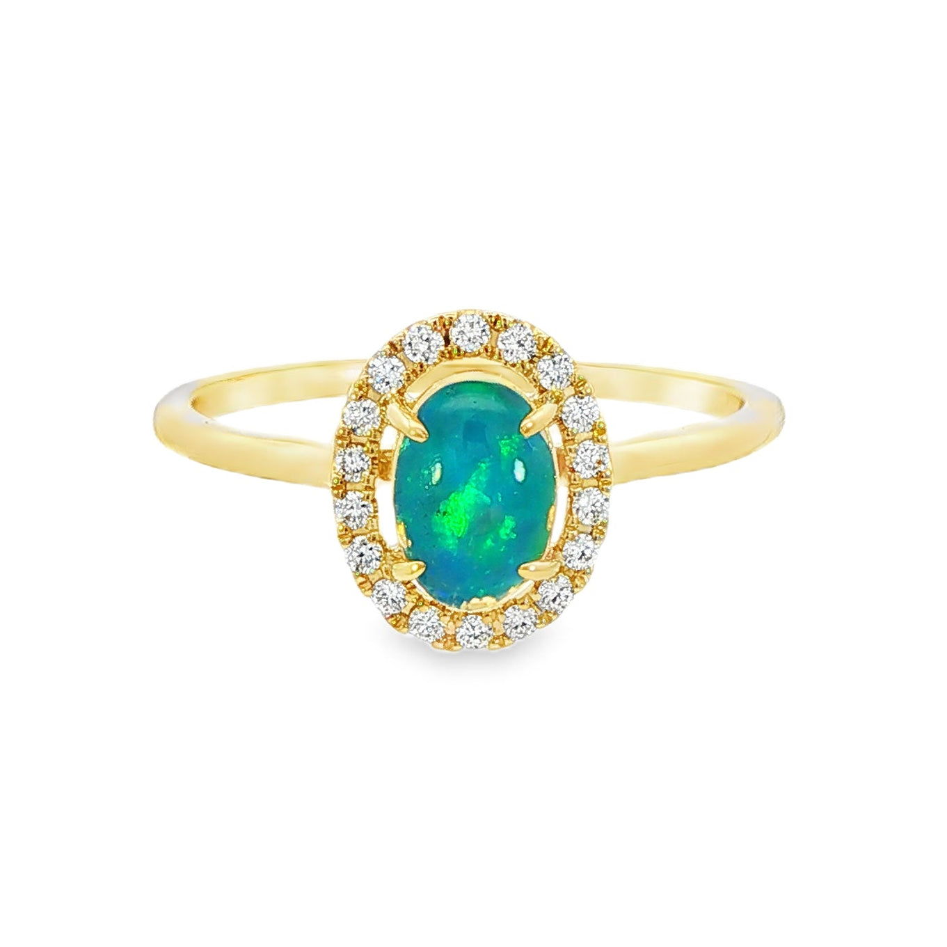 14K Yellow gold ring set with an oval shape opal center stone surrounded by a diamond halo. Item J38784 - ABC Jewelry Co. 