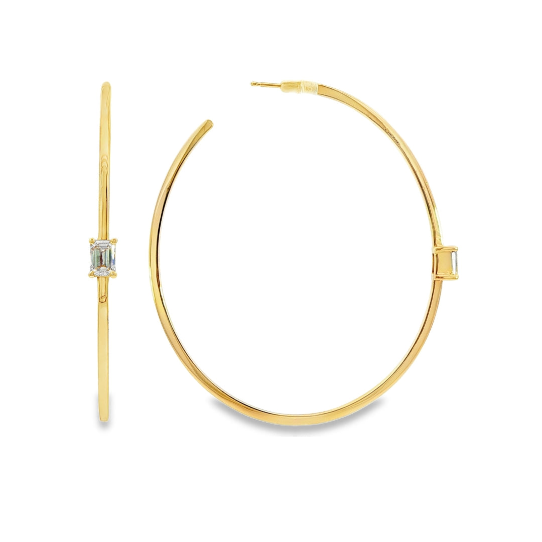 14K Yellow gold hoop earrings, each set with 1 emerald cut LAB GROWN diamond. Item J38829 - ABC Jewelry Co. 