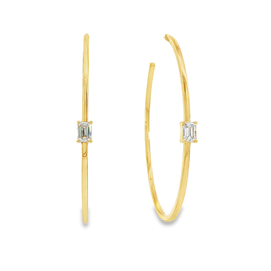 14K Yellow gold hoop earrings, each set with 1 emerald cut LAB GROWN diamond. Item J38829 - ABC Jewelry Co. 
