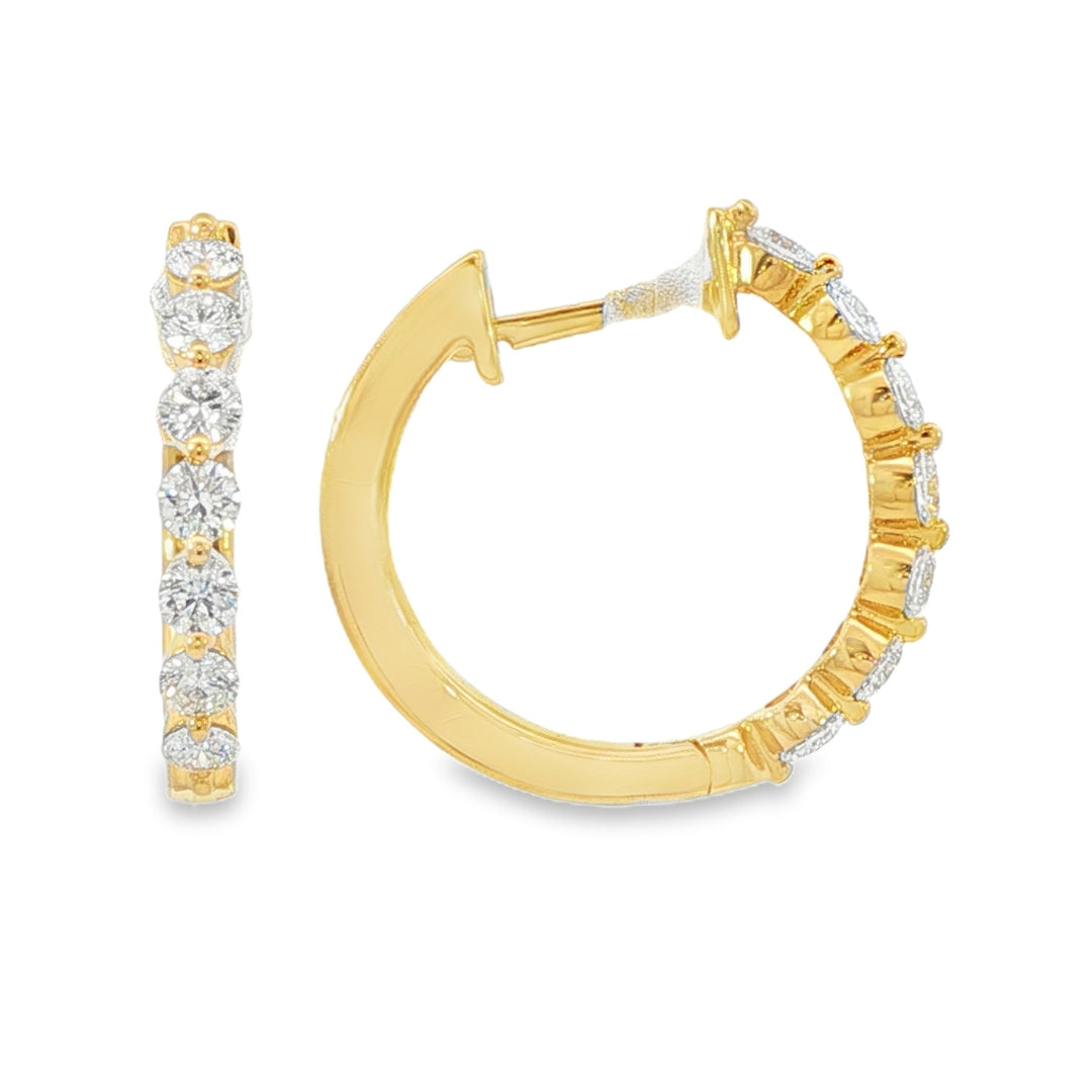 18K Yellow gold hoop earrings set with round brilliant diamonds. Item J38844 - ABC Jewelry Co.