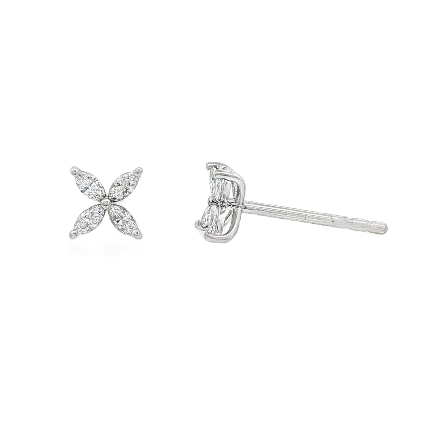 18K White gold earrings, each set with 4 marquise shape diamonds in a floral pattern. Item J38847 - ABC Jewelry Co.