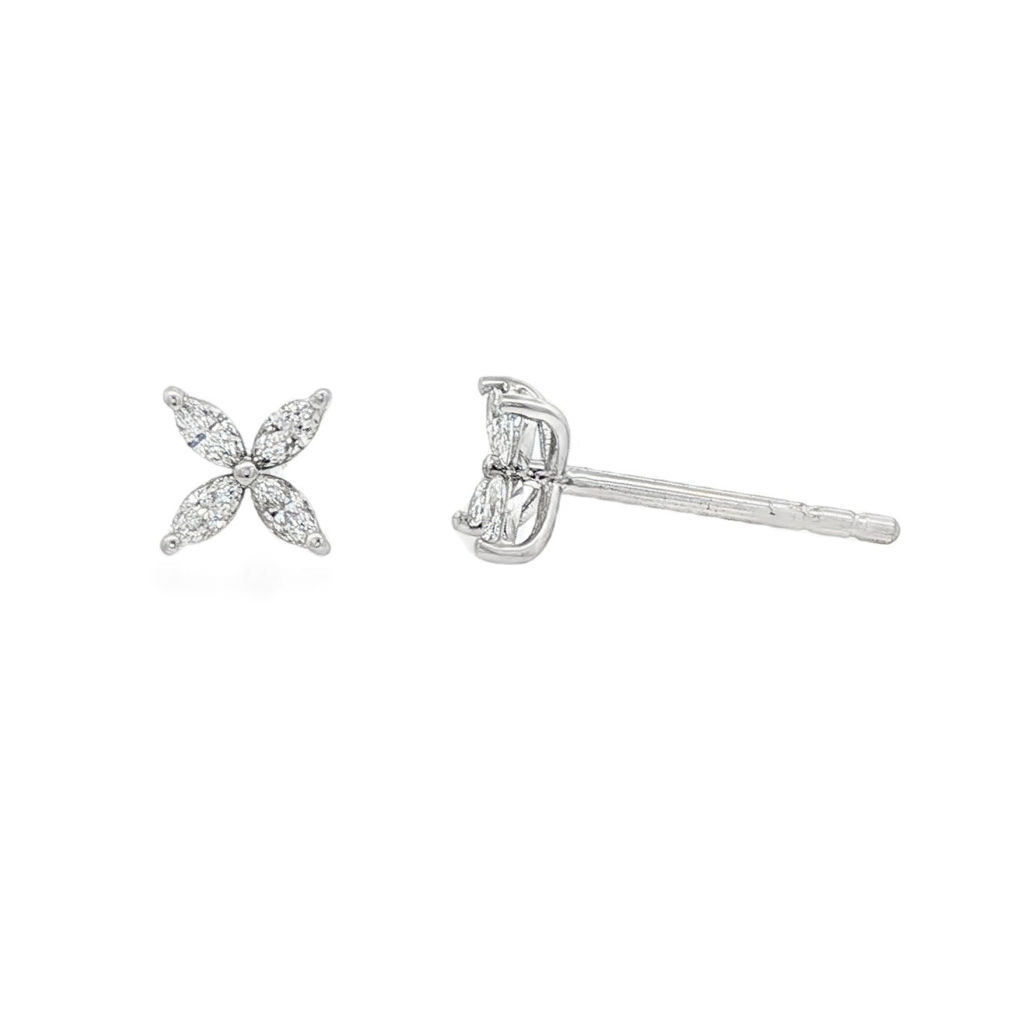 18K White gold earrings, each set with 4 marquise shape diamonds in a floral pattern. Item J38847 - ABC Jewelry Co.