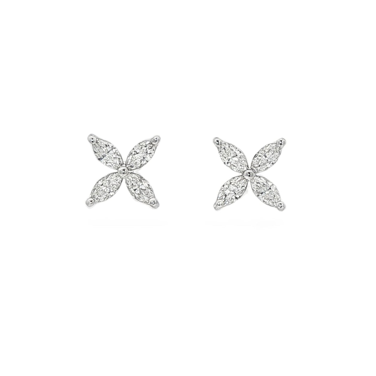 18K White gold earrings, each set with 4 marquise shape diamonds in a floral pattern. Item J38847 - ABC Jewelry Co.