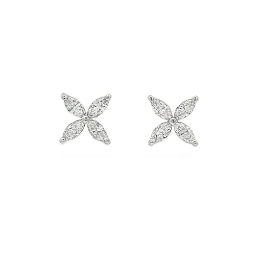 18K White gold earrings, each set with 4 marquise shape diamonds in a floral pattern. Item J38847 - ABC Jewelry Co.