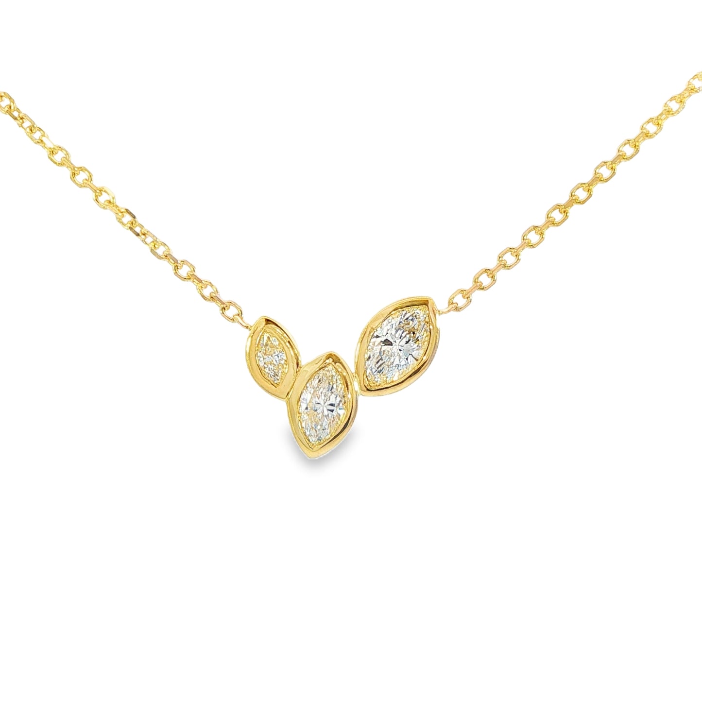 14K Yellow gold necklace set with three marquise diamonds. Item J38865 - ABC Jewelry Co. 