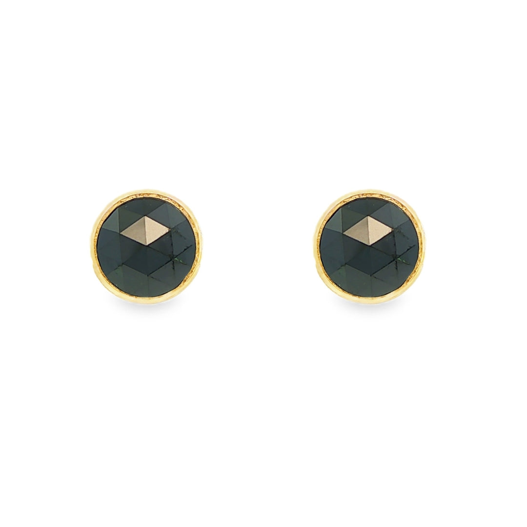 14K Yellow gold stud earrings with bezel set rose cut black diamonds. Item J38924 - ABC Jewelry Co. 