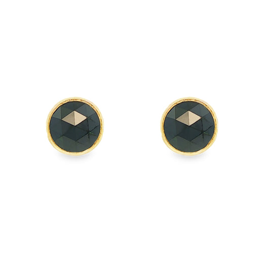 14K Yellow gold stud earrings with bezel set rose cut black diamonds. Item J38924 - ABC Jewelry Co. 