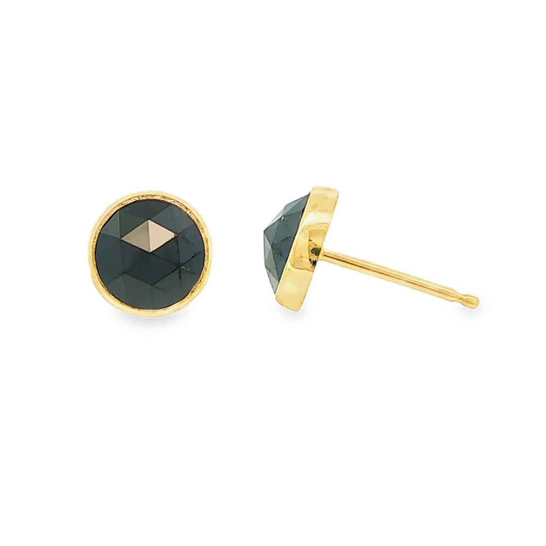 14K Yellow gold stud earrings with bezel set rose cut black diamonds. Item J38924 - ABC Jewelry Co. 