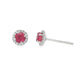 14K White gold earrings set with round rubies surrounded by a diamond halo. Item J38962 - ABC Jewelry Co. 