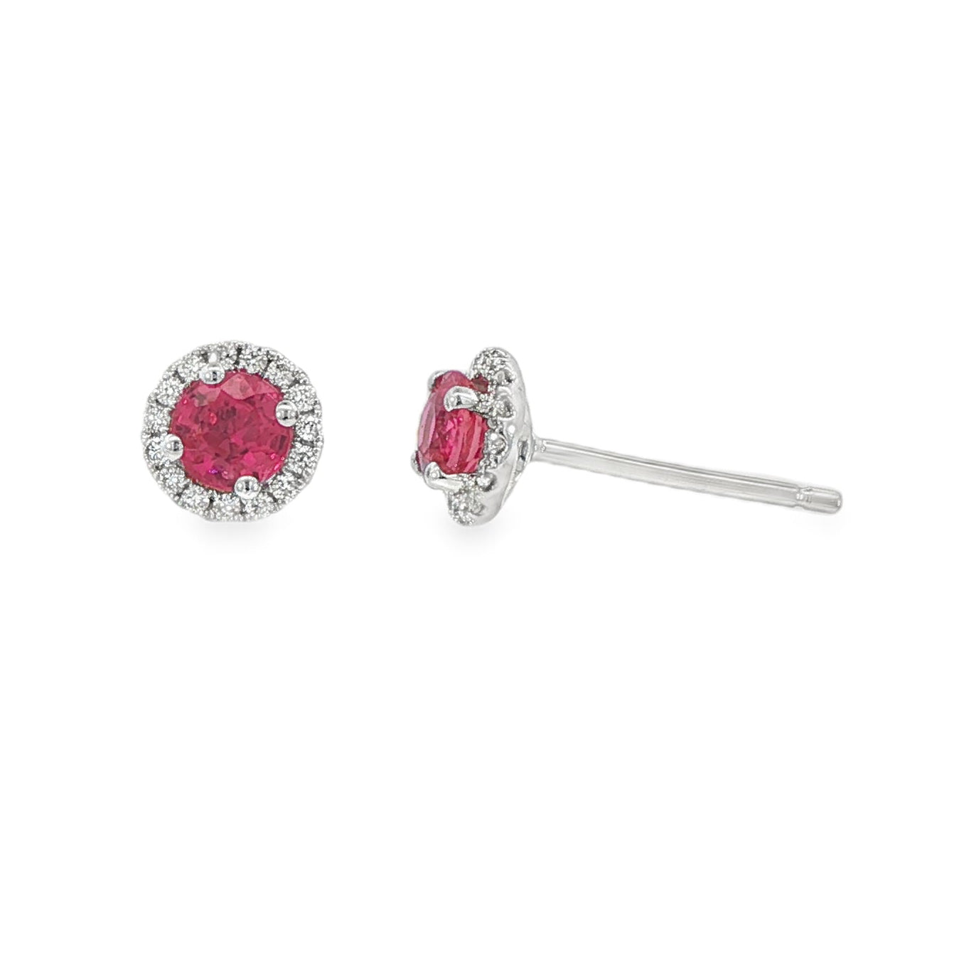 14K White gold earrings set with round rubies surrounded by a diamond halo. Item J38962 - ABC Jewelry Co. 