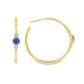 14K Yellow gold hoop earrings, each set with a round blue sapphire flanked by two round diamonds. Item - J39003 - ABC Jewelry Co. 