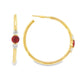 14K Yellow gold hoop earrings, each set with a round ruby flanked by two round diamonds. Item - J39018 - ABC Jewelry Co. 