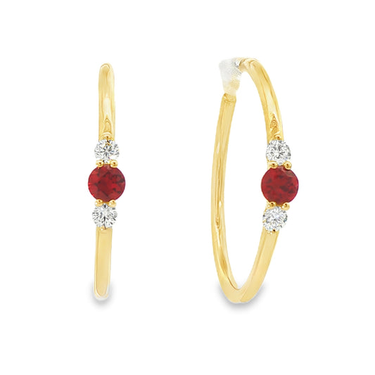 14K Yellow gold hoop earrings, each set with a round ruby flanked by two round diamonds. Item - J39018 - ABC Jewelry Co. 