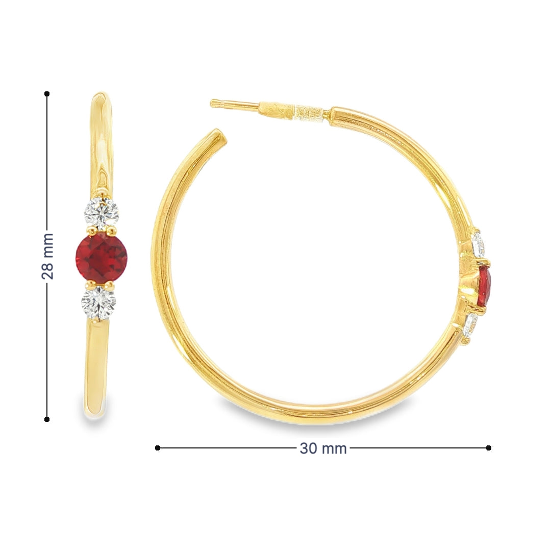 14K Yellow gold hoop earrings, each set with a round ruby flanked by two round diamonds. Item - J39018 - ABC Jewelry Co. 