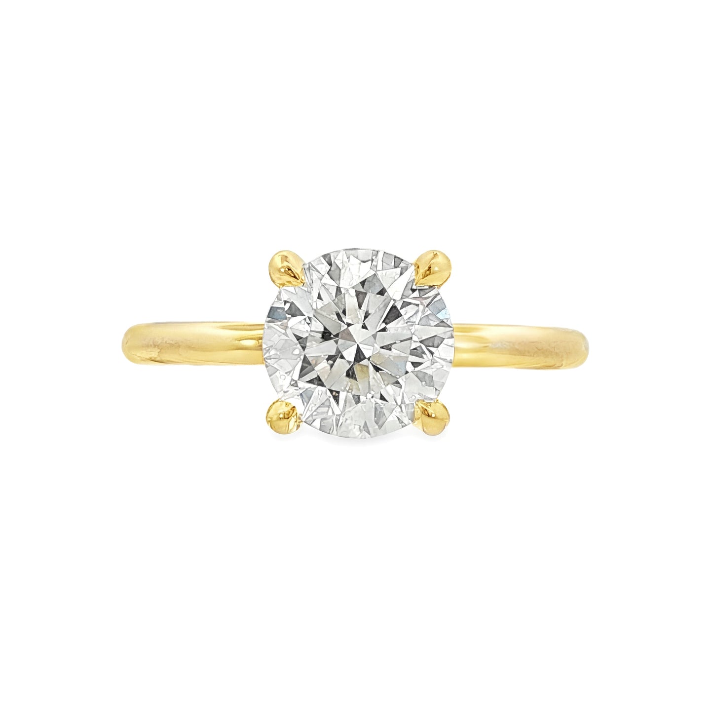14K Yellow gold engagement ring with hidden halo, set with a round brilliant LAB GROWN DIAMOND. Item J39069 - ABC Jewelry Co. 