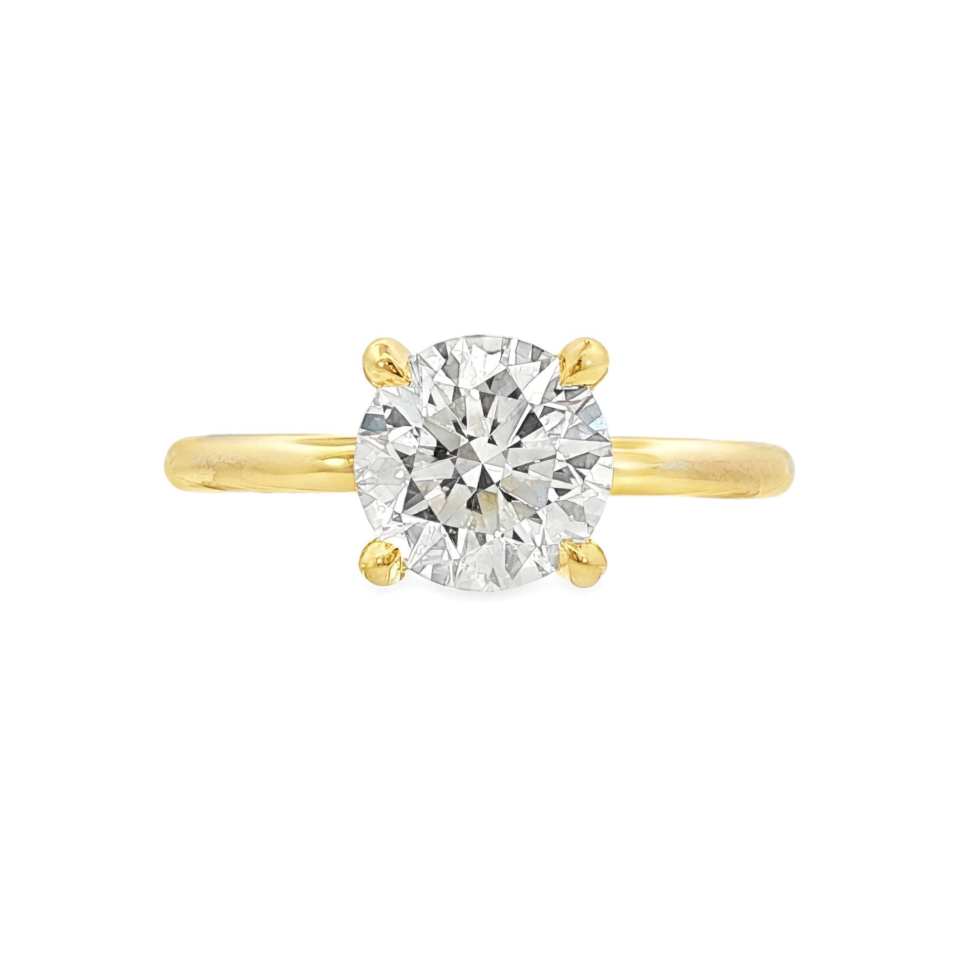 14K Yellow gold engagement ring with hidden halo, set with a round brilliant LAB GROWN DIAMOND. Item J39069 - ABC Jewelry Co. 