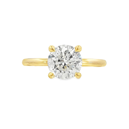 14K Yellow gold engagement ring with hidden halo, set with a round brilliant LAB GROWN DIAMOND. Item J39069 - ABC Jewelry Co. 