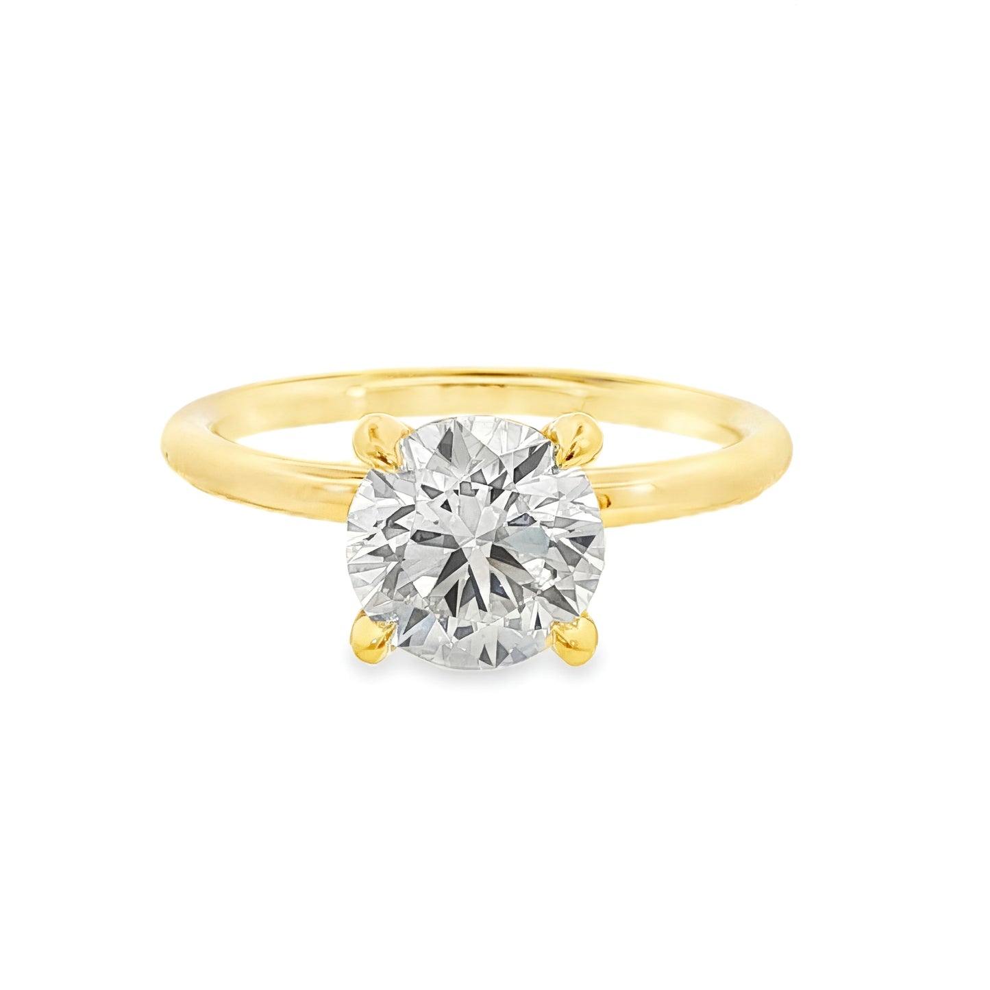 14K Yellow gold engagement ring with hidden halo, set with a round brilliant LAB GROWN DIAMOND. Item J39069 - ABC Jewelry Co. 
