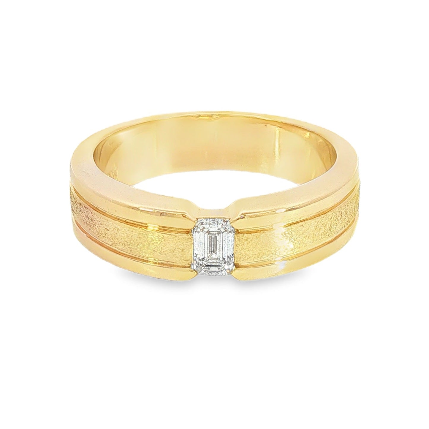 14K Yellow gold ring with satin finish inner band and polished edges, set with emerald cut diamond. Item J39319