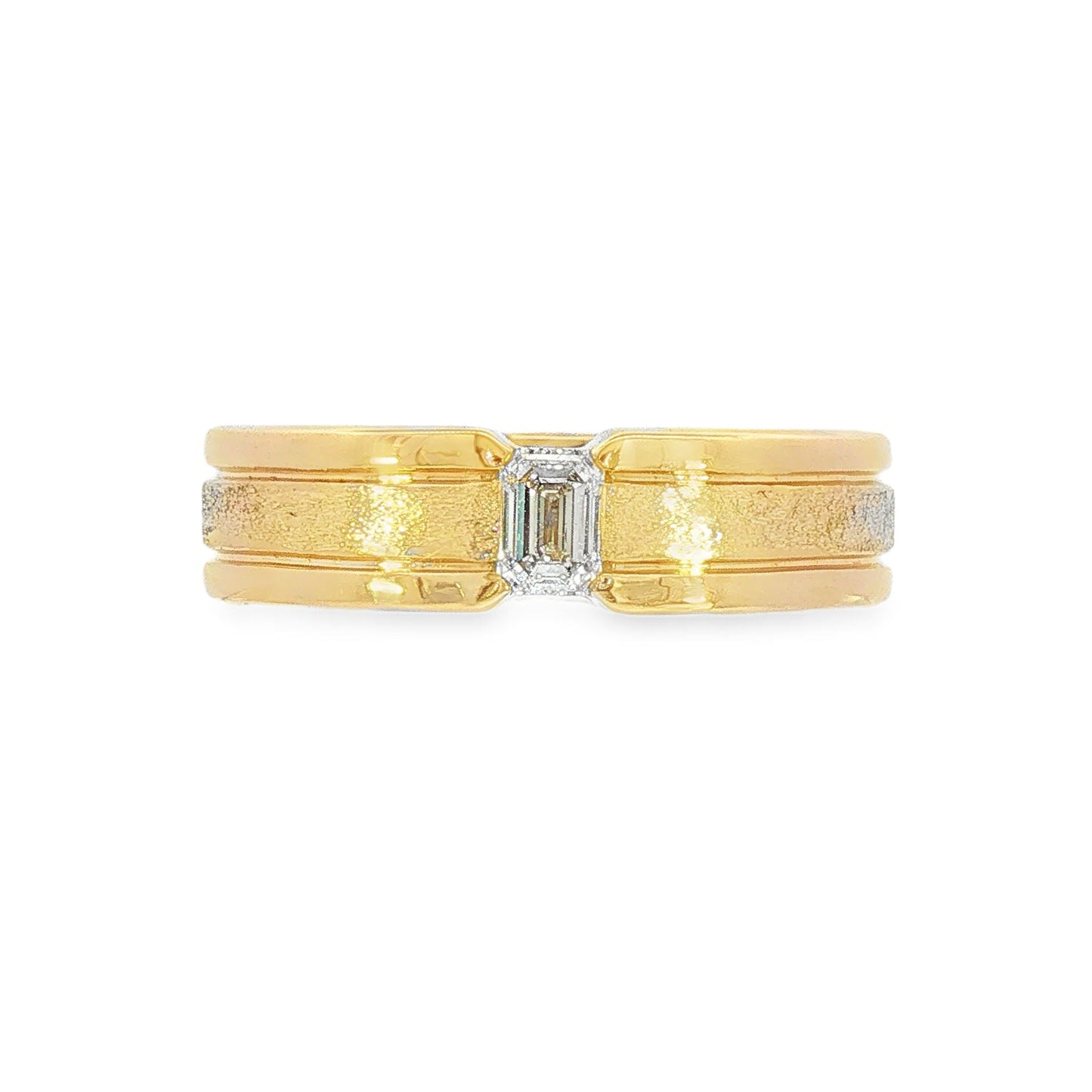 14K Yellow gold ring with satin finish inner band and polished edges, set with emerald cut diamond. Item J39319