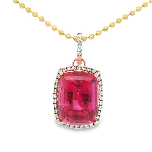 14K Yellow Gold - Pink Tourmaline & Diamond Pendant - J32862