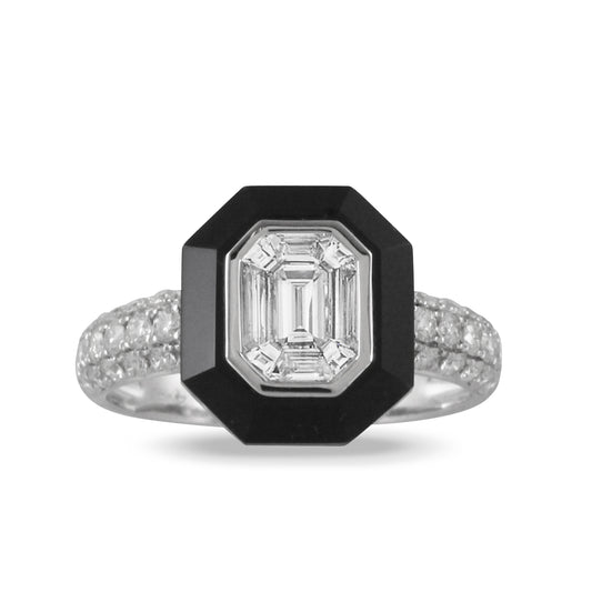 18K White Gold - Invisible Set Diamond & Black Onyx Ring - J35012