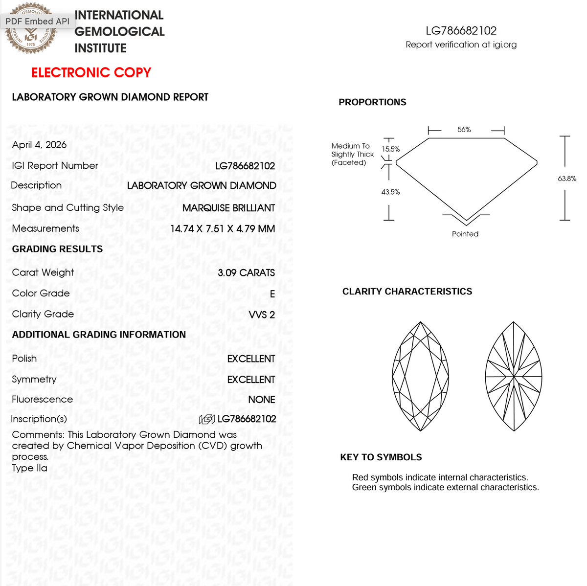 Lab Grown Diamond - Marquise - 3.09 Carat Weight