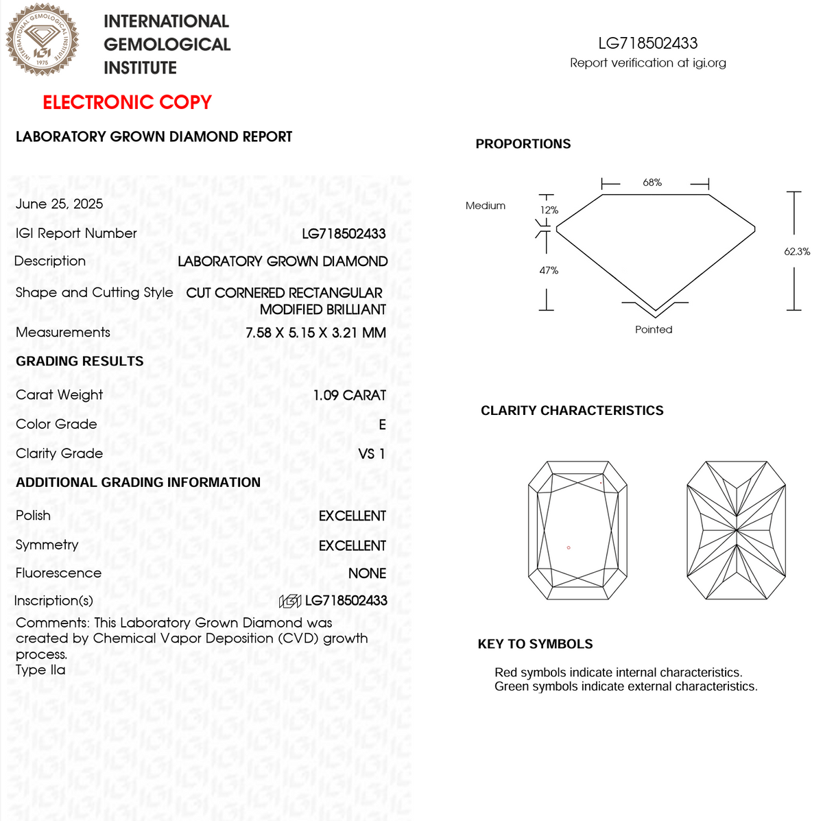 Lab Grown Diamond - Radiant - 1.09 Carat Weight