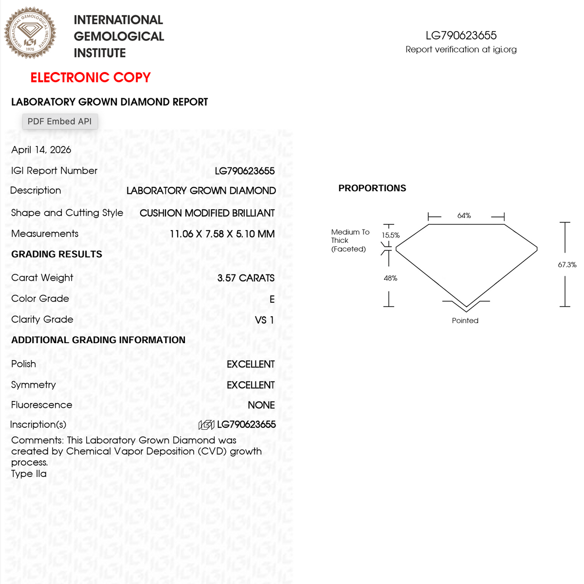 Lab Grown Diamond - Cushion Modified - 3.57 Carat Weight