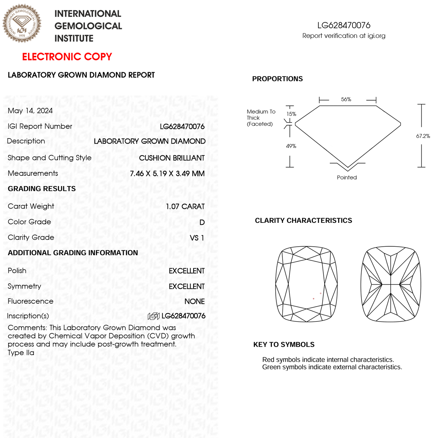 Lab Grown Diamond - Cushion Modified- 1.07 Carat Weight