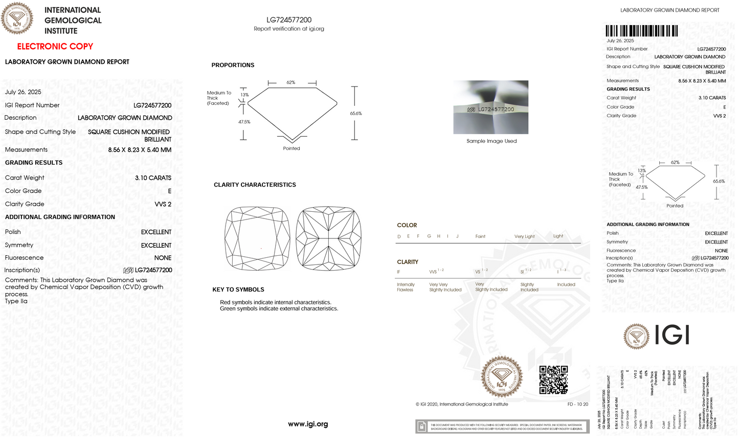 Lab Grown Diamond - Cushion Modified - 3.10 Carat Weight