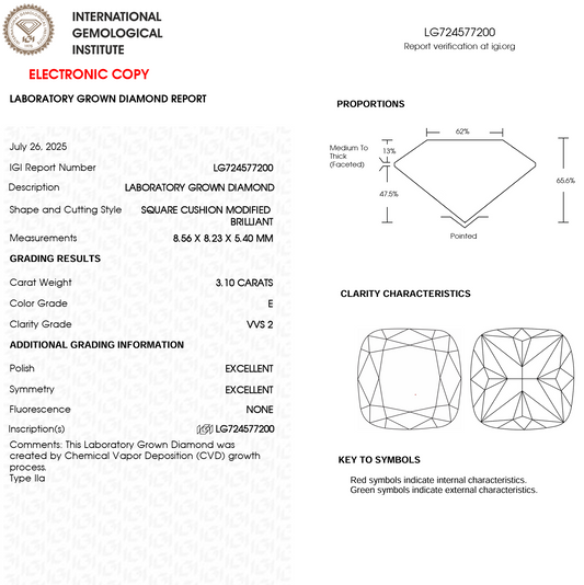 Lab Grown Diamond - Cushion Modified - 3.10 Carat Weight