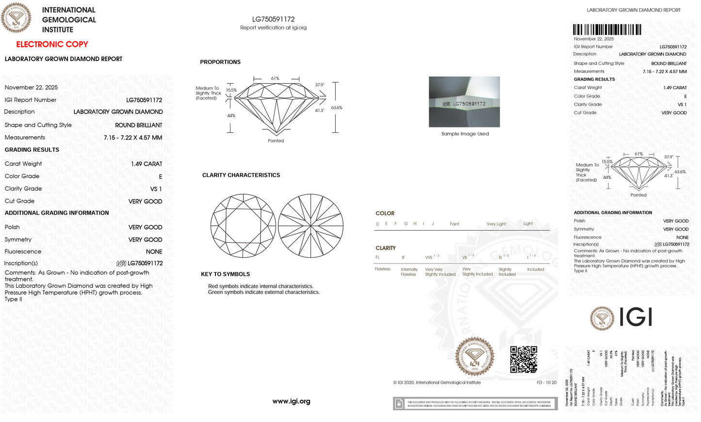 Lab Grown Diamond - Round - 1.49 Carat Weight