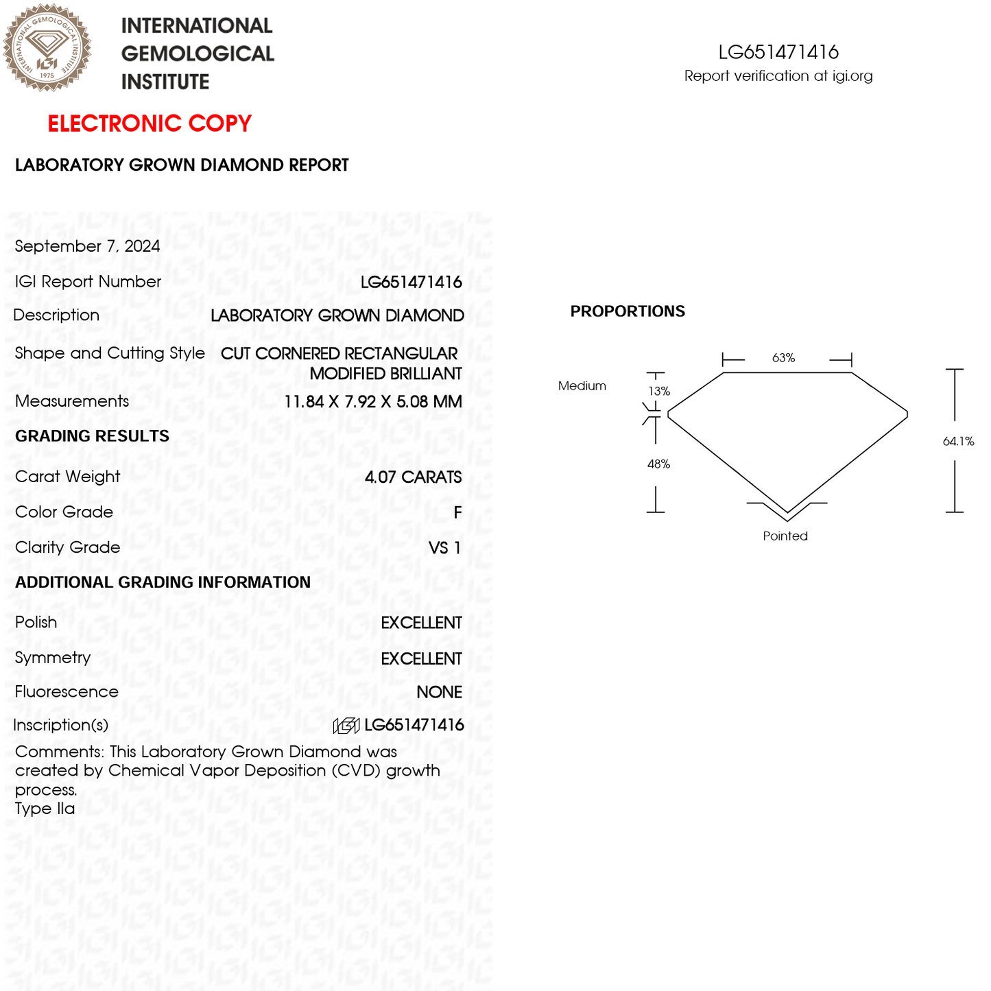 Lab Grown Diamond - Radiant - 4.07 Carat Weight
